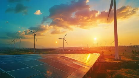 sunset over a sustainable energy farm