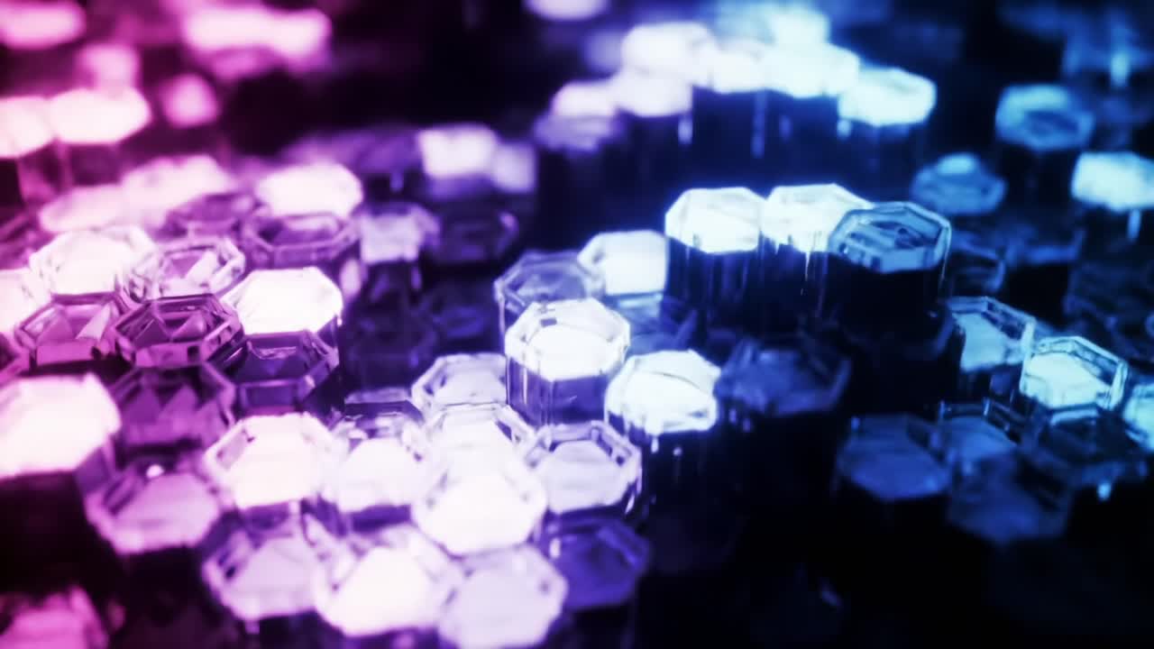 Captivating Close-up of Vibrant Hexagonal Patterns Illuminated in Shades of Blue and Purple, Creating a Mesmerizing Visual Experience