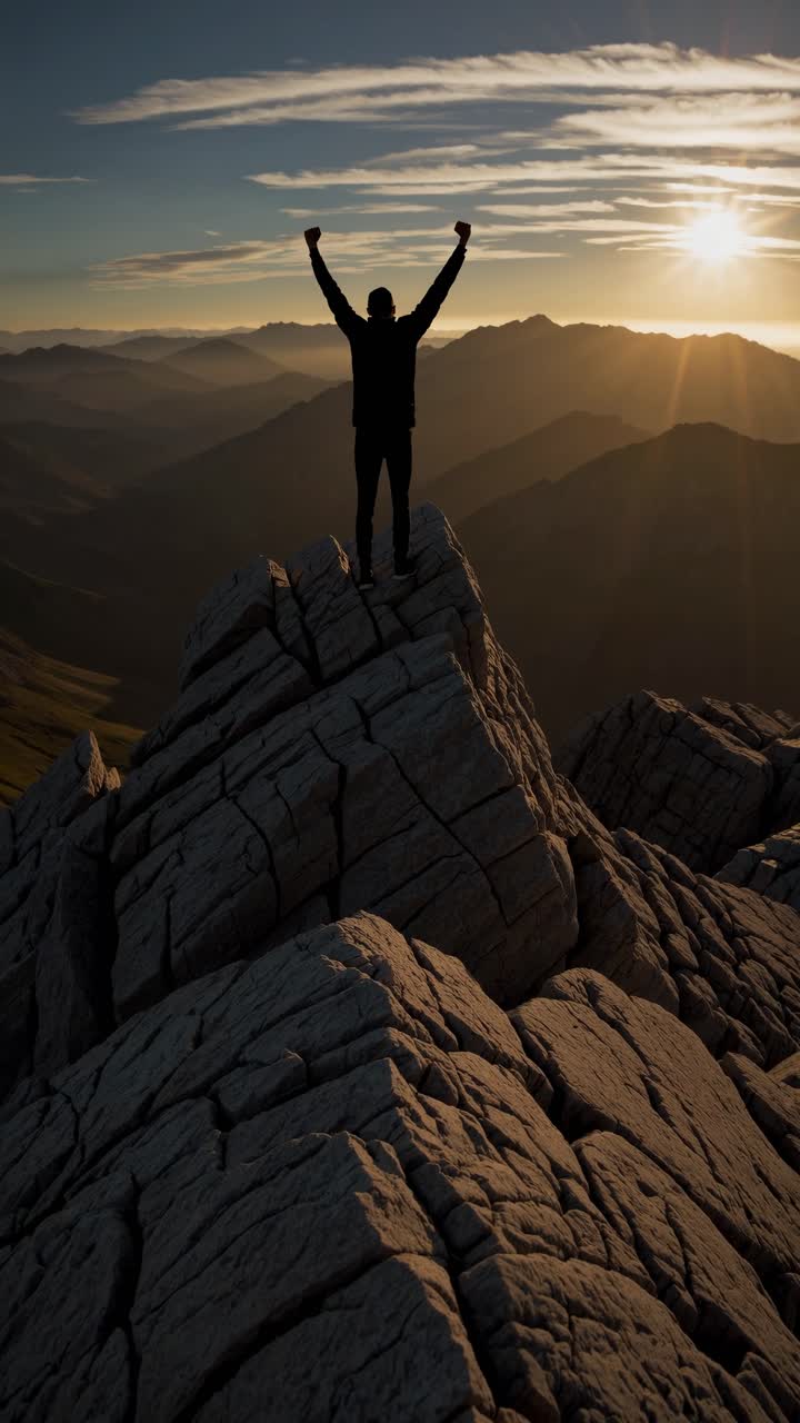 Silhouette of a person with raised arms on a mountain peak at sunrise, captured from a low angle