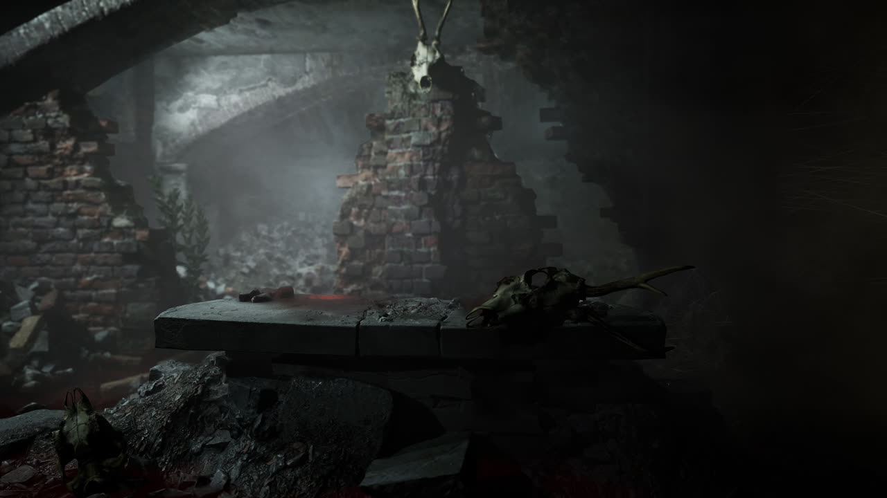 Spooky Ruins with Skulls and Fog