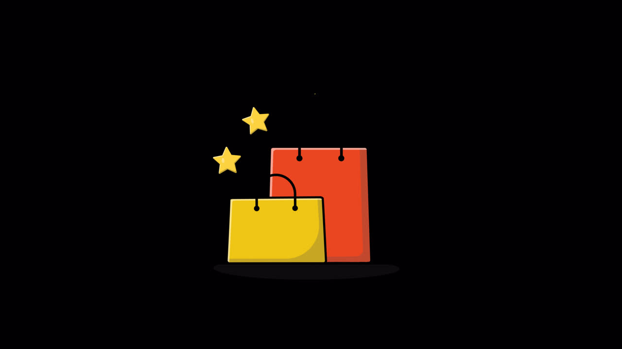 Animated Shopping Bags with Rotating Stars on Black Background