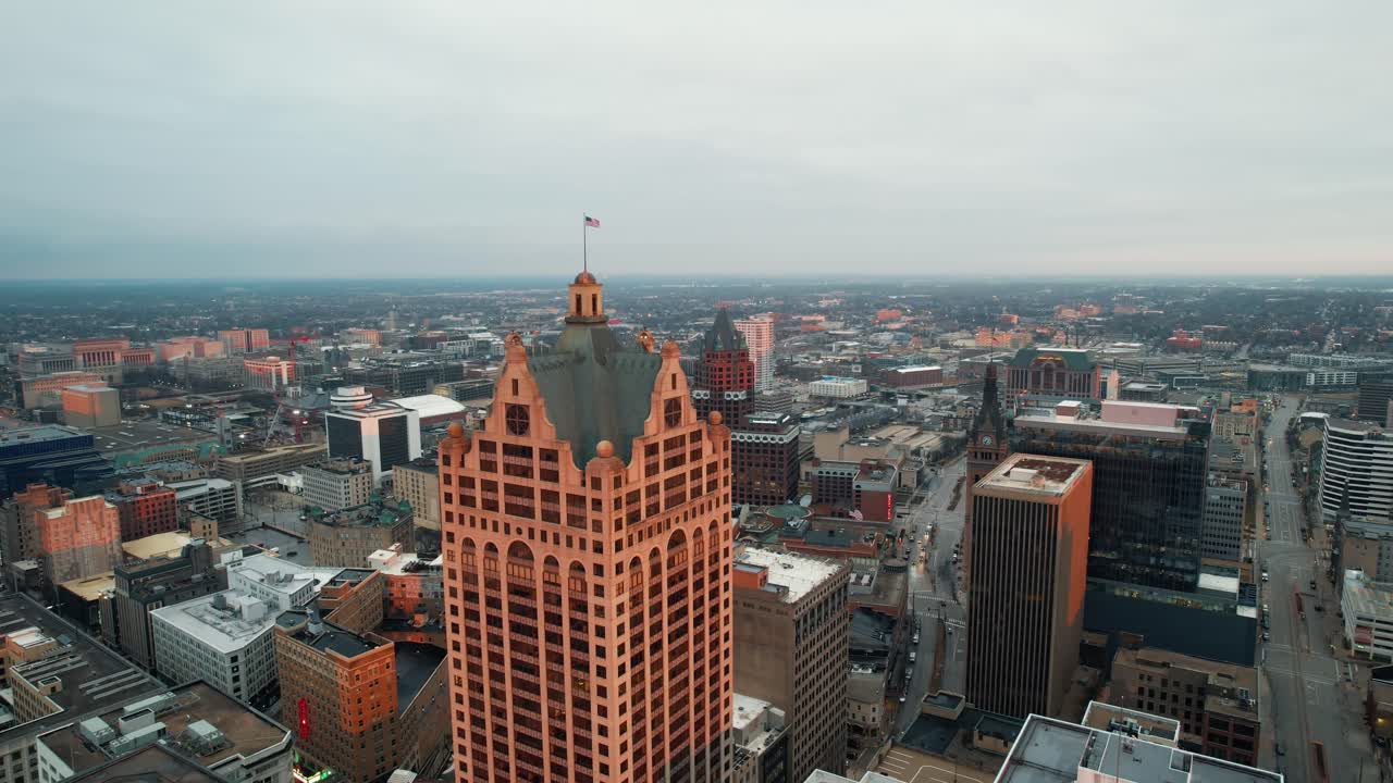 Cinematic Aerial Revealing The Faison Building On 100 East Wisconsin ...