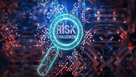 animation of magnifying glass with risk management text over computer circuit board