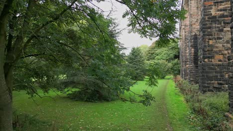 Drone-footage-of-the-base-of-Penistone-Viaduct-near-Barnsley,-South-Yorkshire,-UK