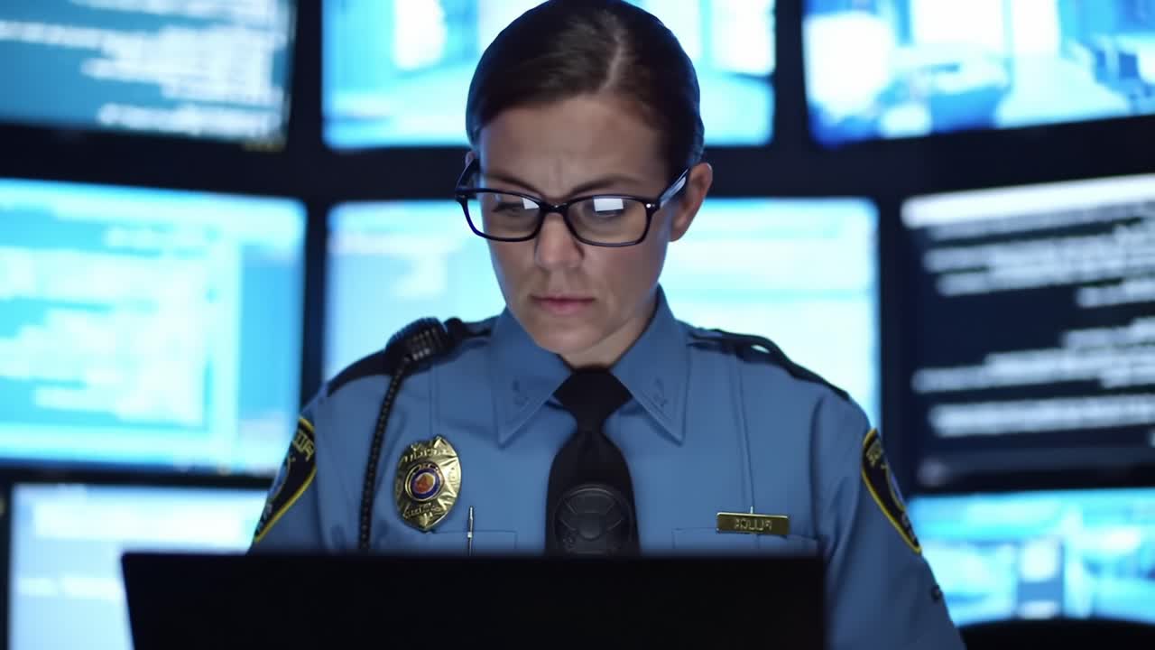 Focused Female Officer Analyzing Data in High-Tech Control Room Surrounded by Multiple Screens Displaying Security Information