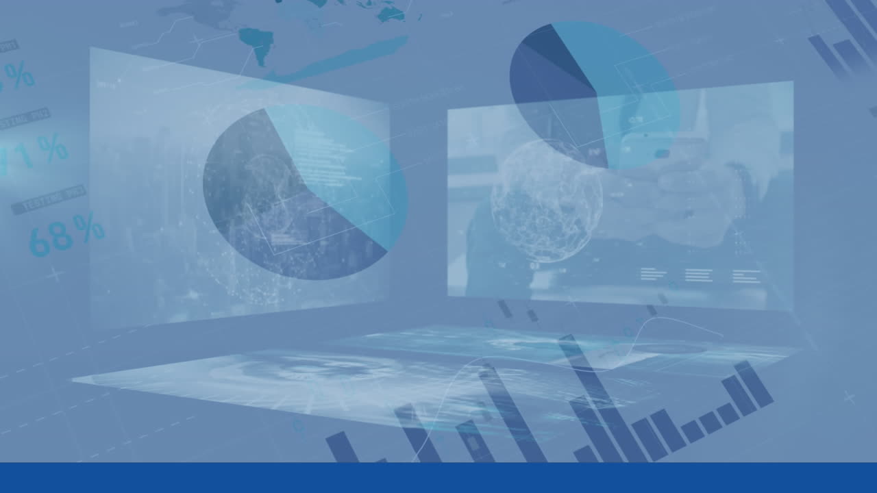 디지털 스크린에서 통계 및 금융 데이터 처리의 애니메이션