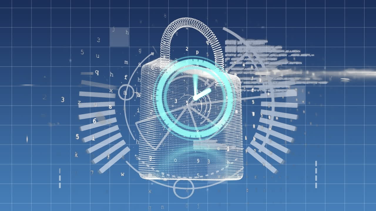 파란색 배경에 표시된 시계, 둥근 스캐너 및 보안 잠금 아이콘의 애니메이션