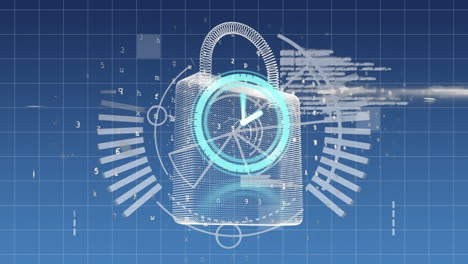 animación del reloj, el escáner redondo y el icono del candado de seguridad contra un fondo azul.