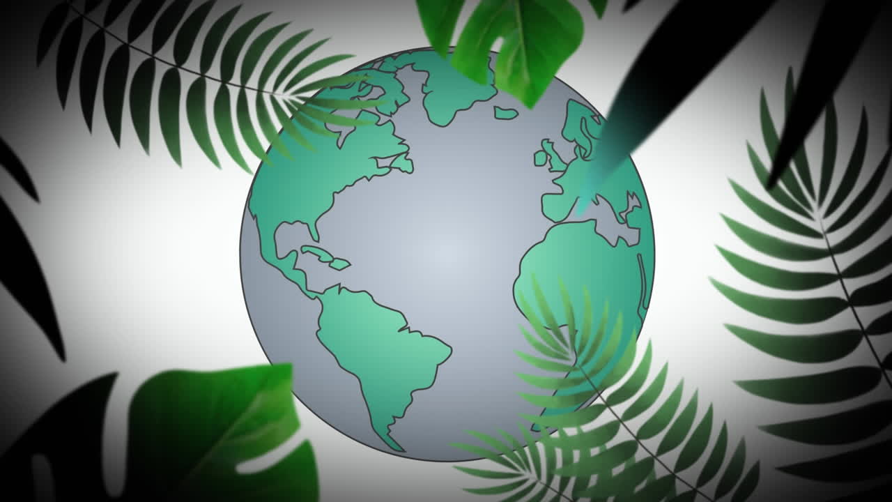 Animation of globe and leaves on white background