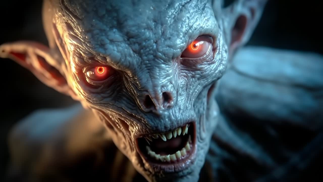 A close up of a demonic creature with red eyes