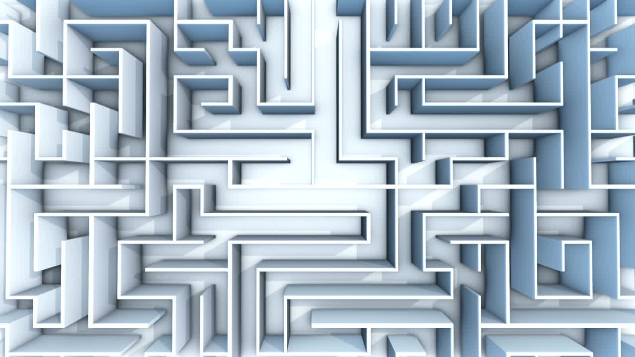 빛나는 파란색 벽으로 끝없는 미로를 가로질러 원활한 비행