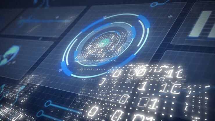 Digital data and binary code processing animation over futuristic interface