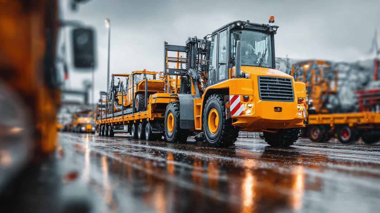 Heavy machinery and transport vehicles line up on a rainy day, showcasing a powerful forklift and trailer ready for industrial tasks in a bustling operational environment