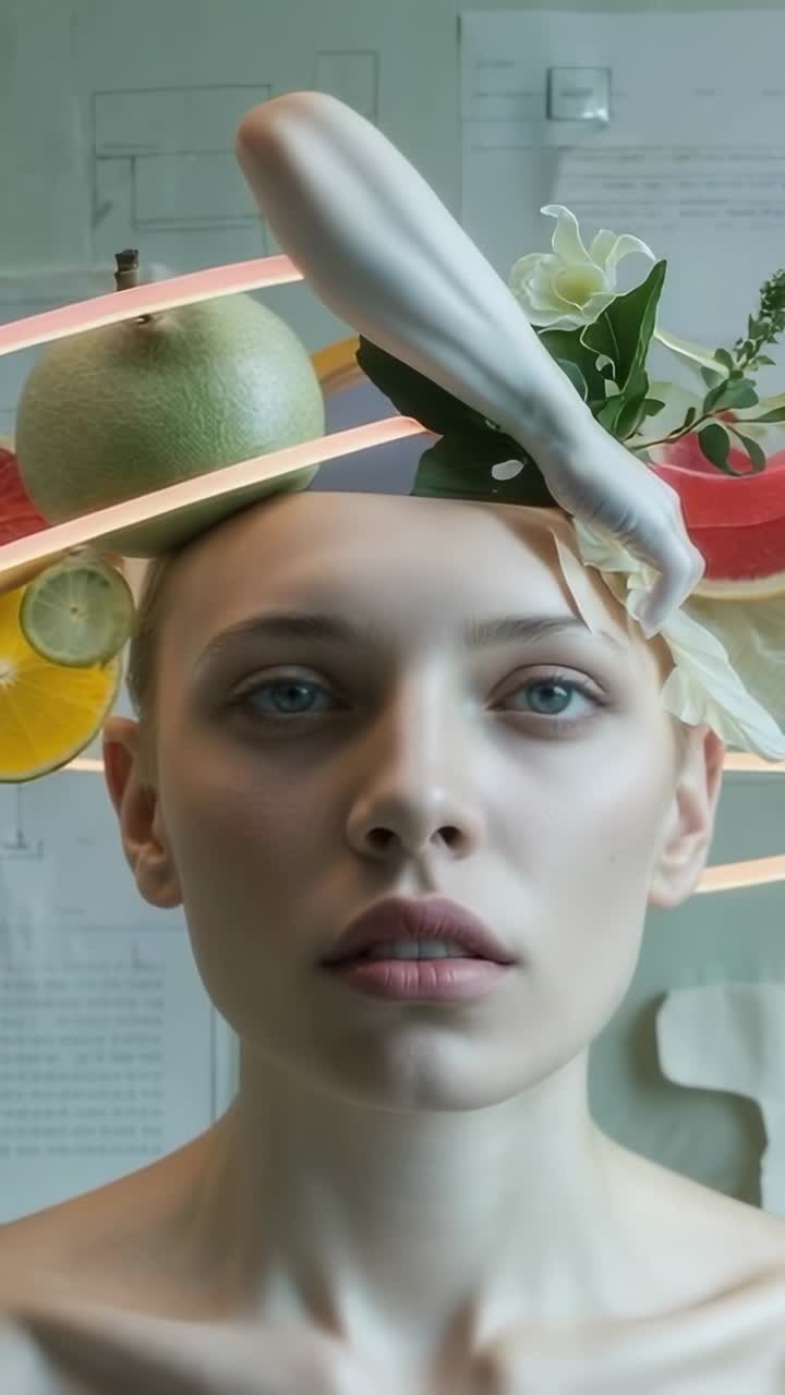 Vertical video: Entering sculptural hand placing flower into hair at studio, with melon LED bars
