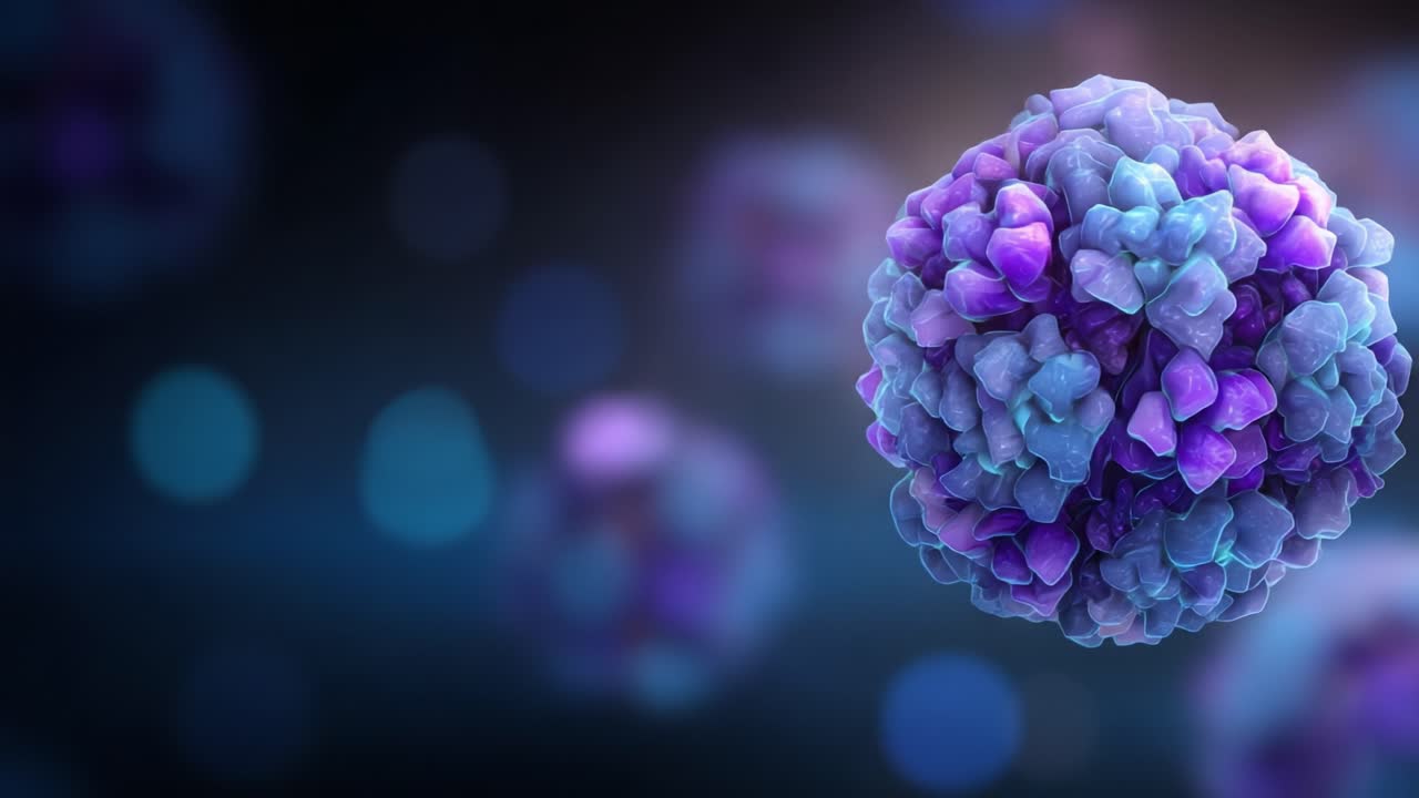Una visualizzazione straordinaria di strutture cellulari: rappresentazione dinamica di particelle simili a virus in vivaci tonalità di viola e blu che evidenziano le complessità biologiche