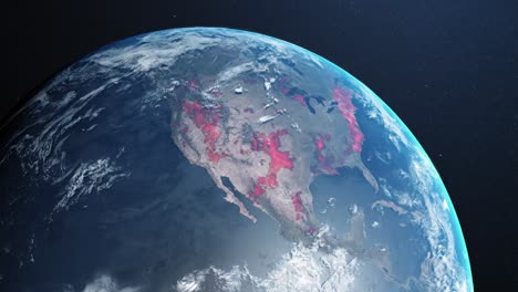 animation of the planet earth spinning around and countries turning red through circles in a blue da