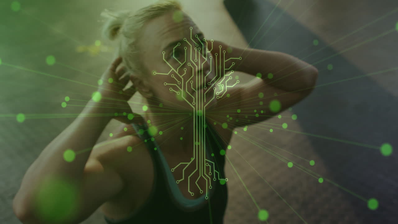 Exercising person with digital circuit animation overlay in gym environment