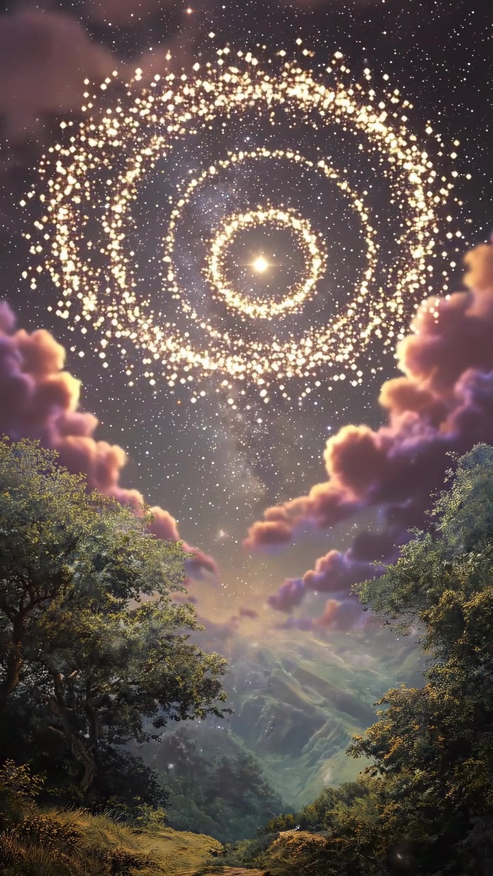 Magical Night Sky with Sparkling Rings Over a Forest Valley
