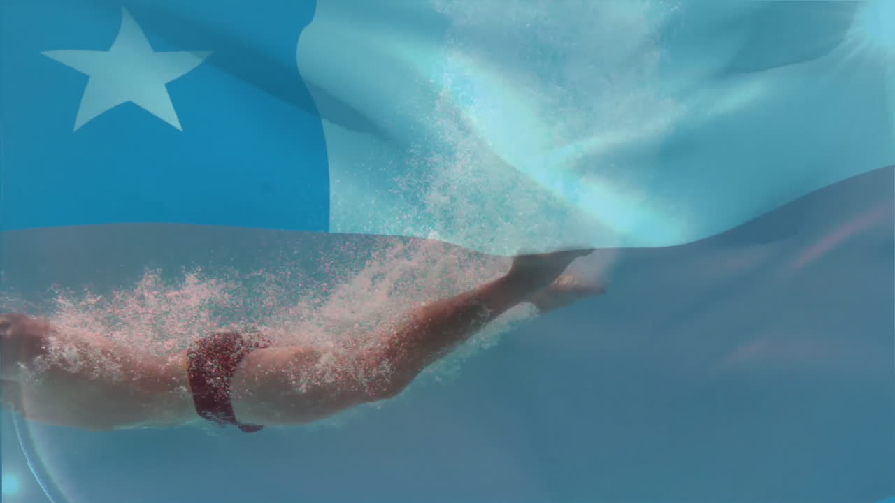 Underwater, swimmer creating dynamic visual effect with flag animation overlay