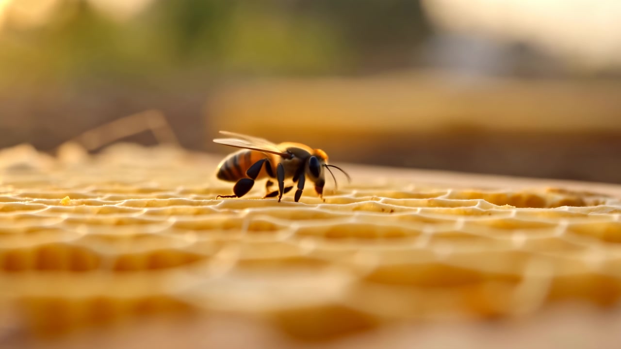 Primo piano dal basso mostra una singola ape che cammina su una superficie a nido d'ape esagonale, zampe che toccano i bordi di cera rialzati, ali ripiegate, luce calda che crea ombre morbide, trama fine e motivo naturale.