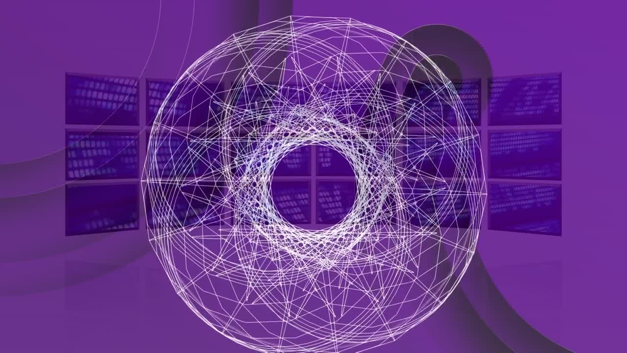 animación de círculos blancos sobre el procesamiento de datos en fondo púrpura