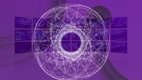 Animation-of-white-circles-over-data-processing-on-purple-background