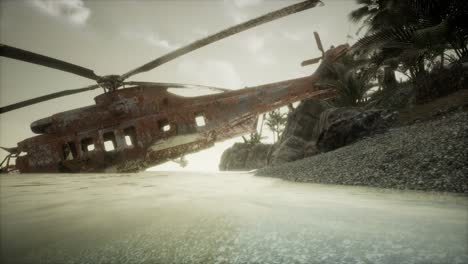 old rusted military helicopter near the island