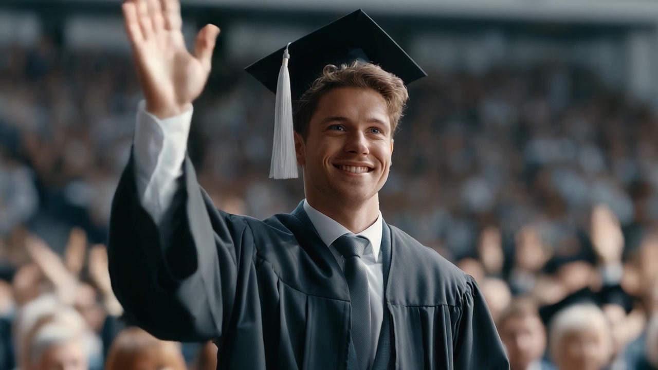 Celebratory Graduation Moment: A Proud Graduate Waves Goodbye to Friends and Family During the Commencement Ceremony, Highlighting an Emotional Milestone in Their Life.