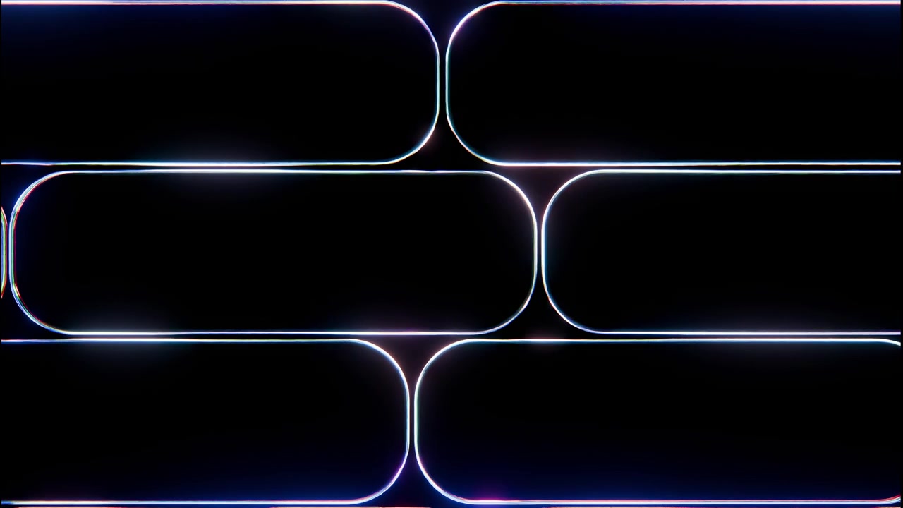 Rejilla simétrica abstracta de huecos en forma de píldora delineados por finos bordes de neón contra un espacio negro profundo, con cambios de brillo visibles y esquinas brillantes que sugieren un movimiento suave y energía digital