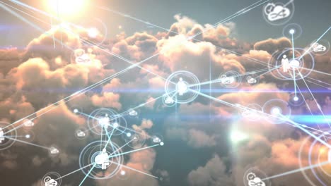 Animation-of-network-of-connections-with-people-icons-over-sky-with-clouds