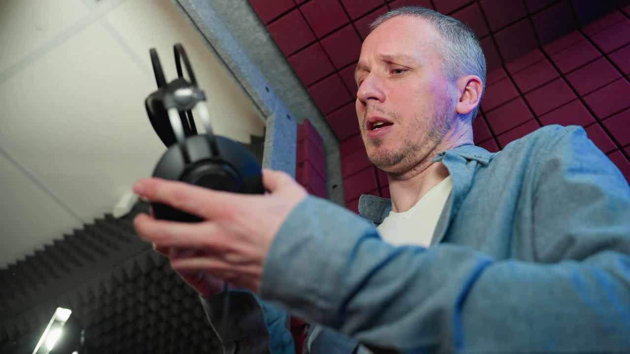 primer plano de un hombre con una camisa azul examinando los auriculares atentamente dentro de un estudio de grabación a prueba de sonido rojo, transmitiendo enfoque y profesionalismo