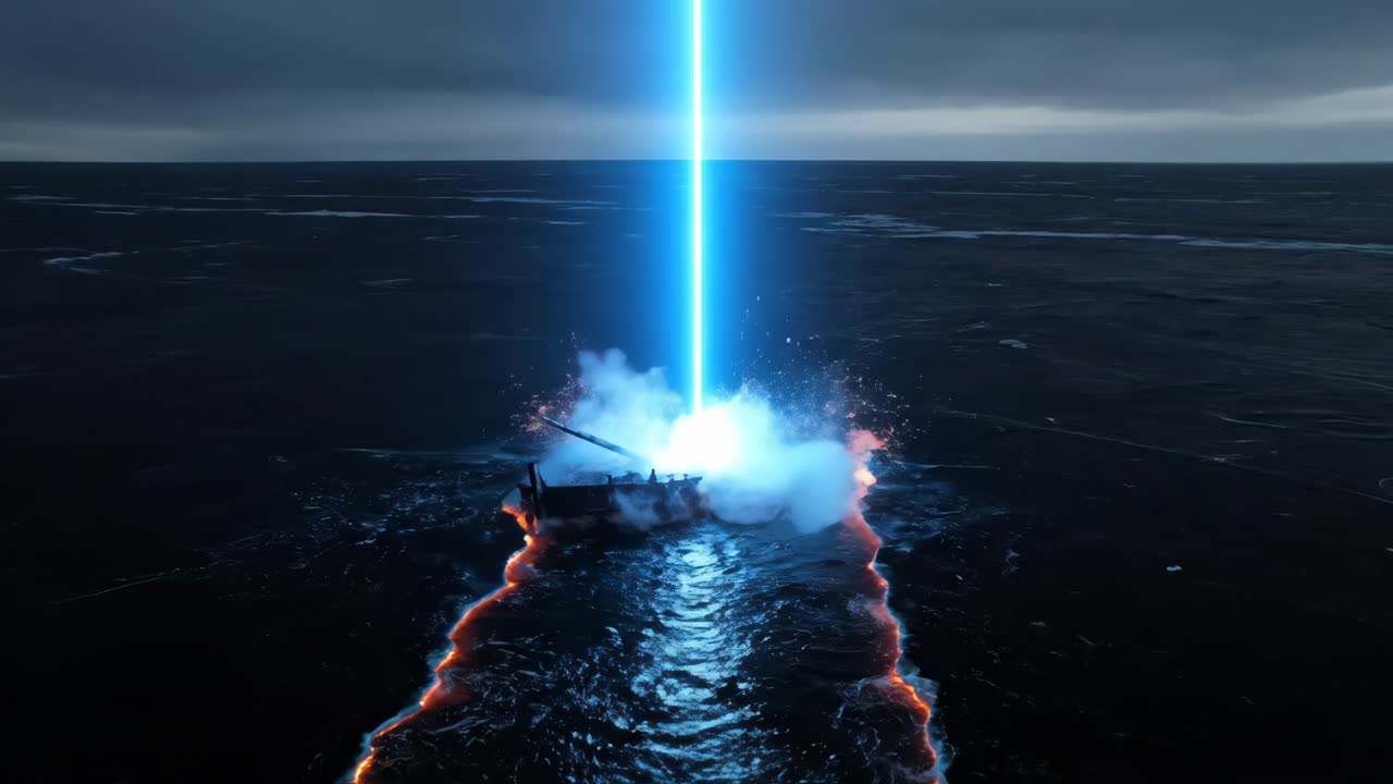 Ship struck by lightning in stormy sea