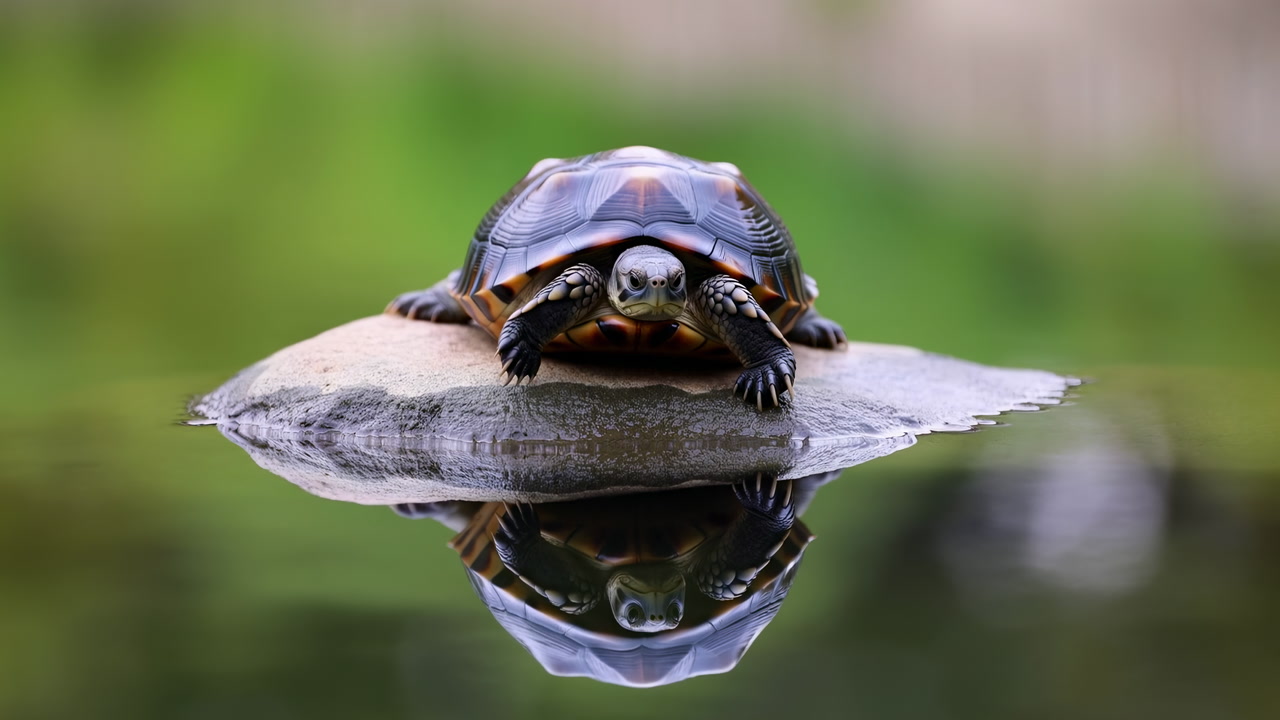 Turtle On Log Reflected In Water, Closeup Of Freshwater Turtle Shell And Face, Green Bokeh Background, Still