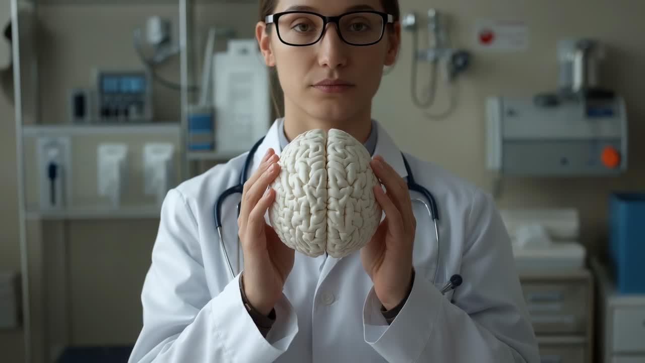 Pulling back from brain model close-up, neurologist in white coat showing anatomy with stethoscope