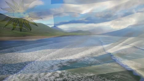 composición digital de la bandera uruguaya ondeando contra la vista aérea de la playa y las olas del mar
