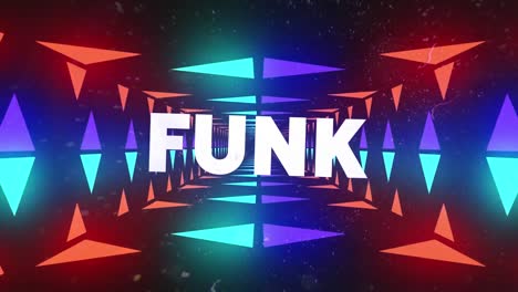 animation of funk text over colorful shapes on black background