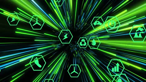 Animation-of-network-of-connections-with-eco-icons-over-green-and-blue-neon-light-trails