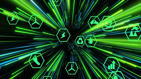 animación de la red de conexiones con iconos ecológicos sobre senderos de luz de neón verde y azul