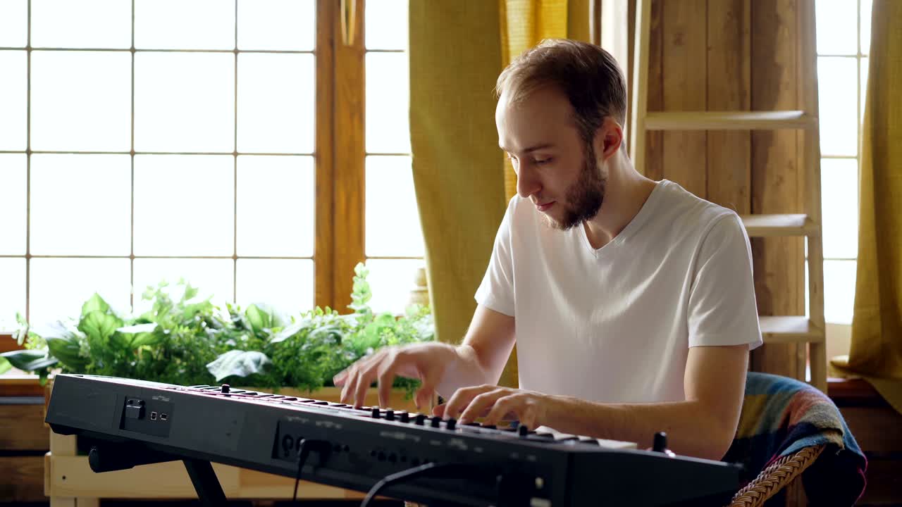 Cheerful young man in casual clothes is playing keyboard at home. Musical instruments, attractive people, hobby and creativity concept.