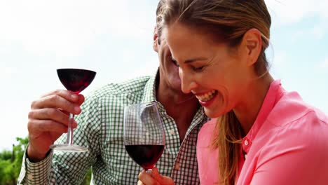 happy couple laughing while having a glass of wine in field