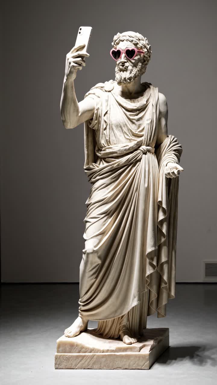 Classical Statue Taking a Selfie with Heart-Shaped Sunglasses
