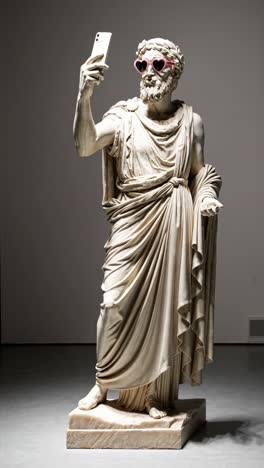 classical statue taking a selfie with heart-shaped sunglasses