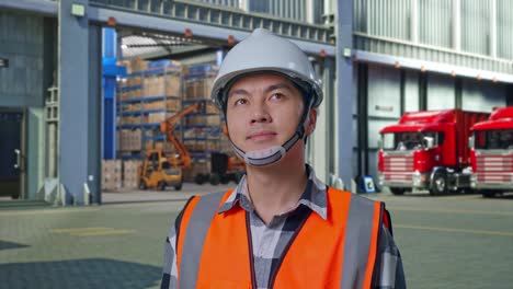 close up of asian male engineer with safety helmet looking around while standing , outside of logistics distributions warehouse