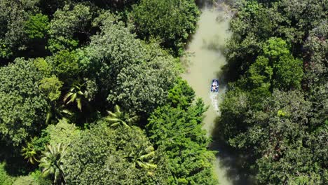 aerial panoramic drone above water channel through the dense jungle of guatemala with a sailboat