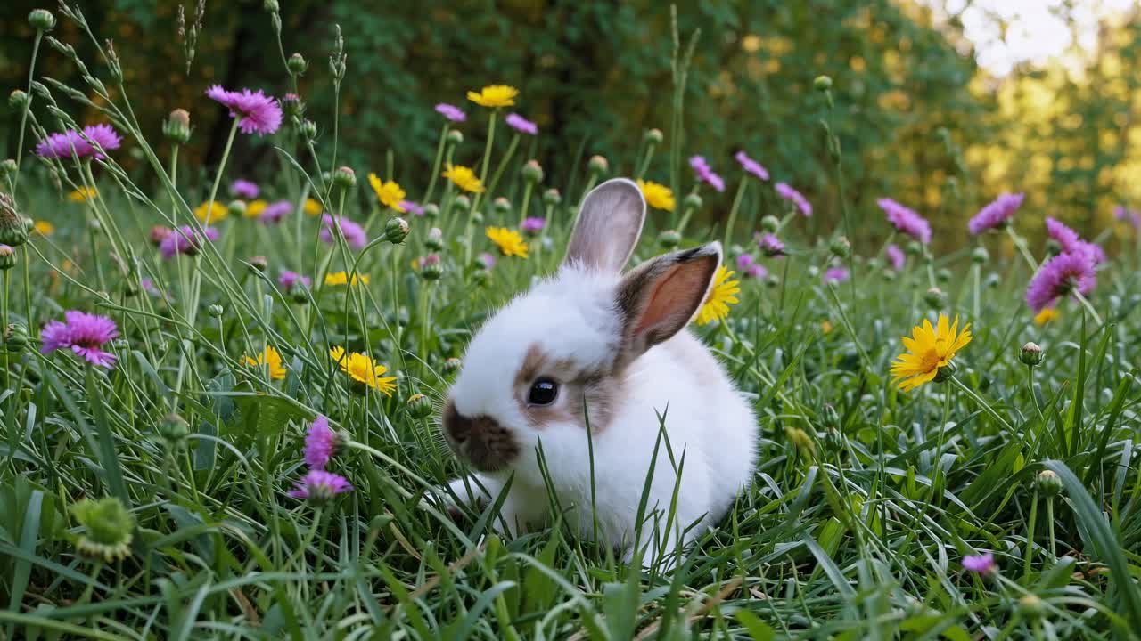 A low-angle video captures a fluffy white rabbit nestled among vibrant wildflowers