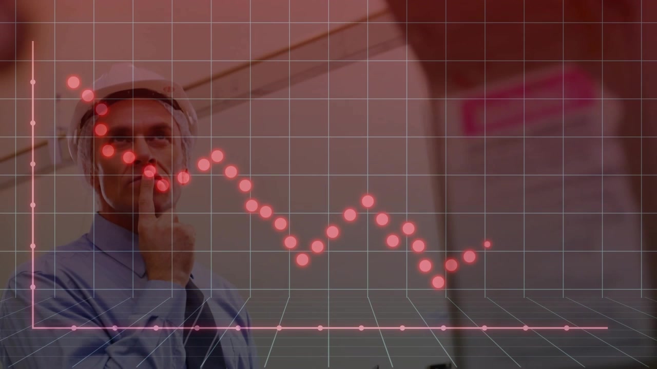 Man holding chin left, watching red dotted points appearing on grid, assessing finance decline