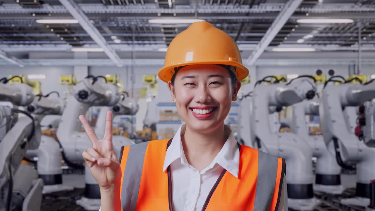 공장에서 v 기호를 보여주는 여성 엔지니어