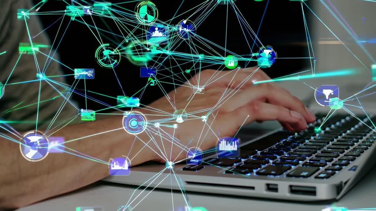 Close-up angle of hands typing on a laptop, overlaid with digital network graphics