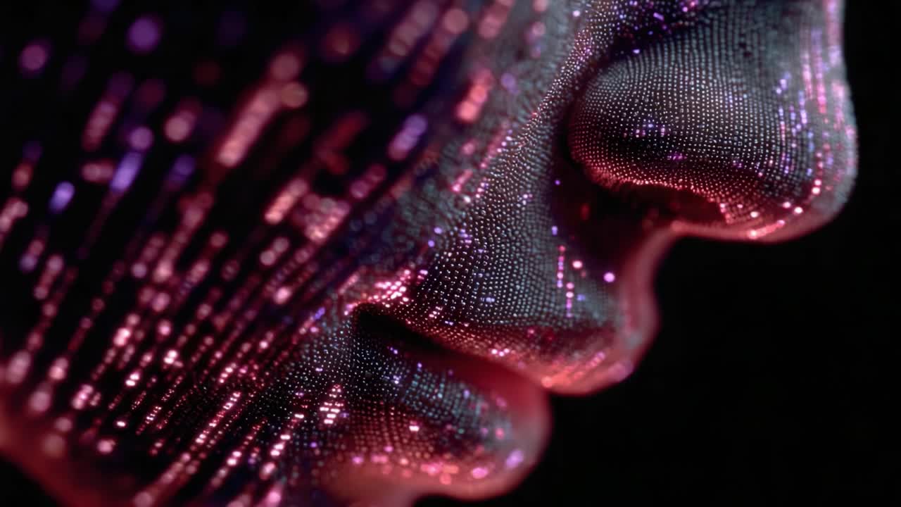 Exploring the Mysterious Beauty of a Digitally Rendered Face with Glowing Pixel Patterns Enhancing Facial Features in an Abstract Art Style