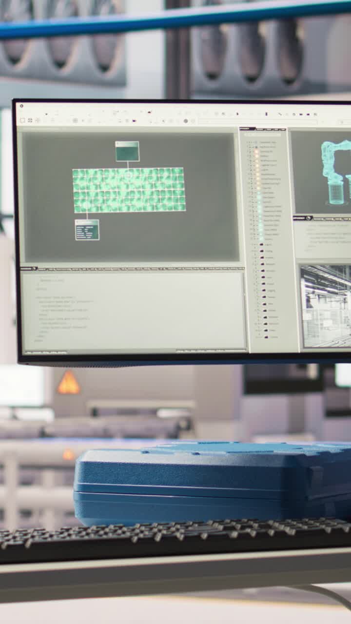 Vertical video Robotics software on screen in smart factory used to inspect machinery